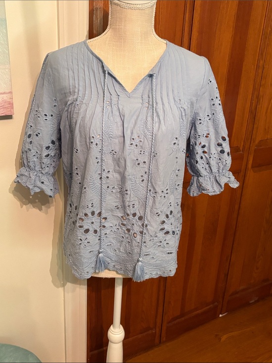 Liv Los Angeles Tops - Light Blue Eyelet Peasant Blouse - Women's Top